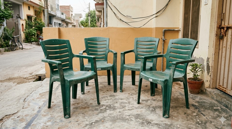Used 4 Plastic outdoor chairs available for normal daily use in Karachi